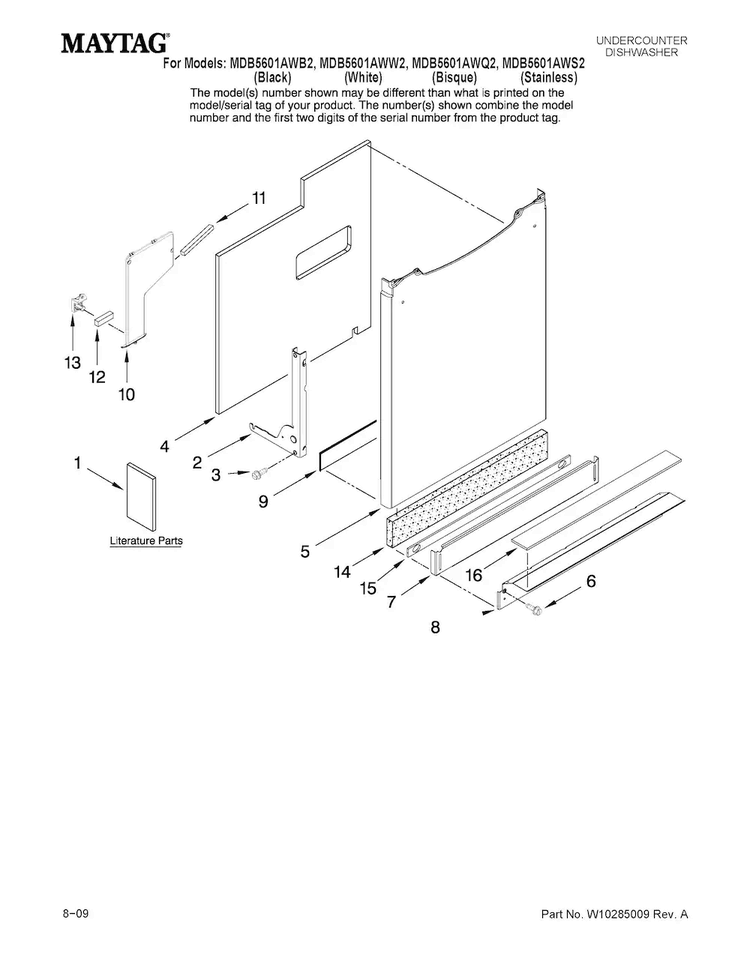 Door And Panel Parts Diagram and Parts List for MDB5601AWS2  Maytag Dishwasher