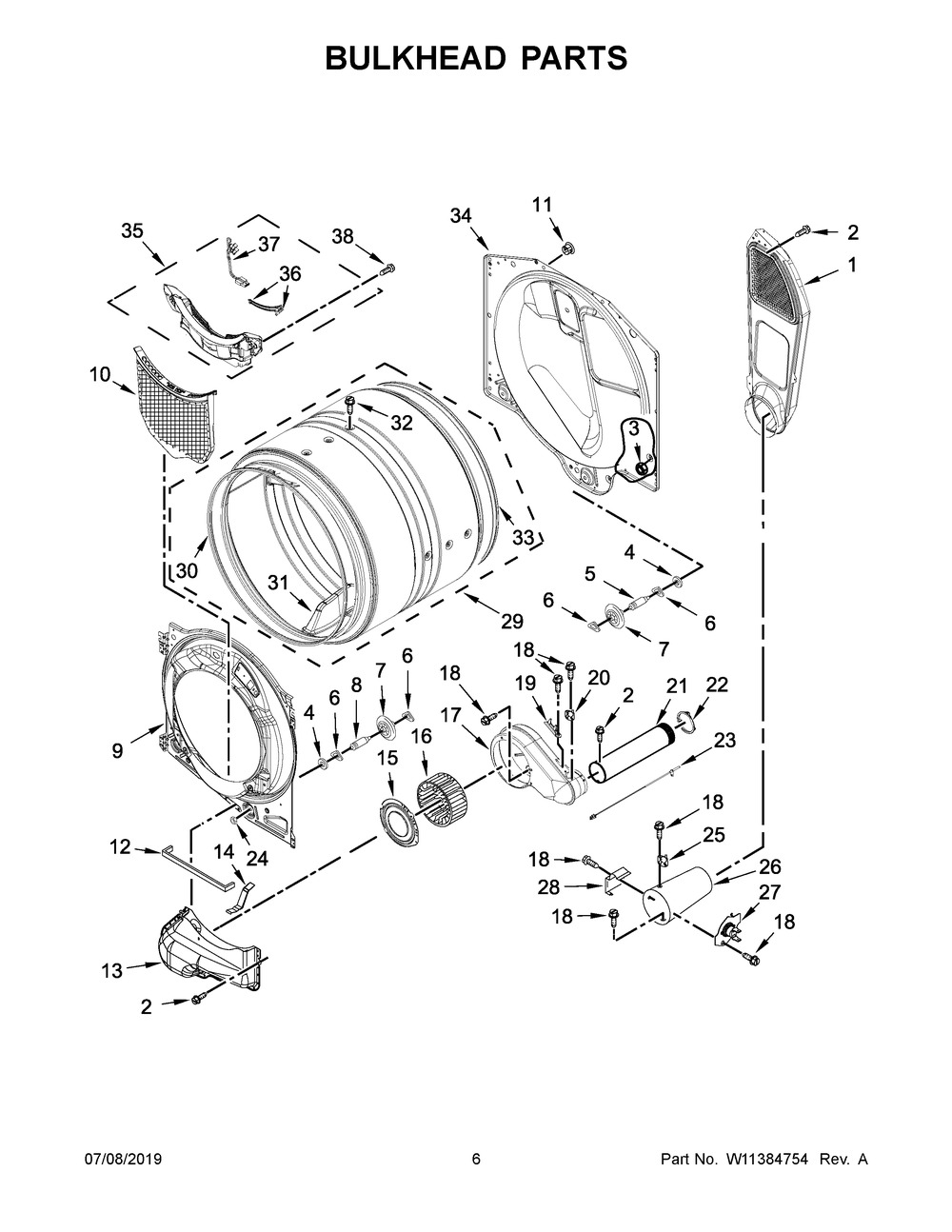 Bulkhead Parts Diagram and Parts List for NGD5800HW0  Maytag Dryer