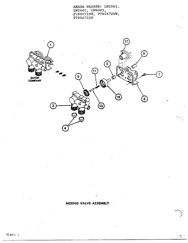 Mixing Valve Assembly Diagram and Parts List for P7804719W  Amana Washer
