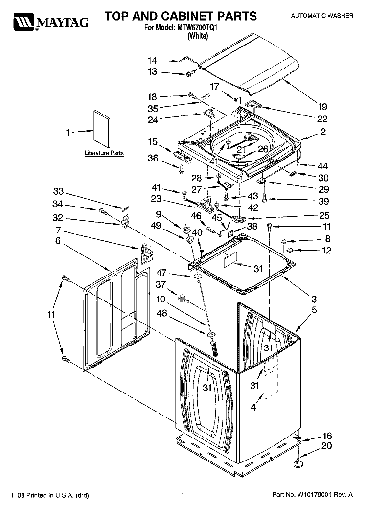 TOP AND CABINET PARTS Diagram and Parts List for MTW6700TQ1  Maytag Washer