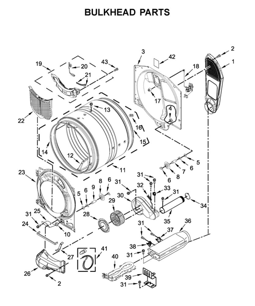 Bulkhead Parts Diagram and Parts List for MED6630HW2  Maytag Dryer