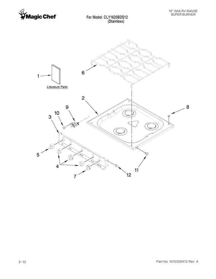 Cooktop Parts Diagram and Parts List for CLY1620BDS12  Magic Chef Range