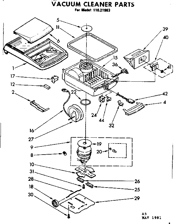 Base Assembly Diagram and Parts List for 11621963  Kenmore Canister Vacuum