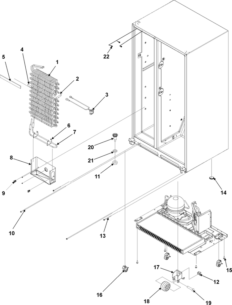 Evaporator Assy And Rollers Diagram and Parts List for AC2224PEKB0  Amana Refrigerator