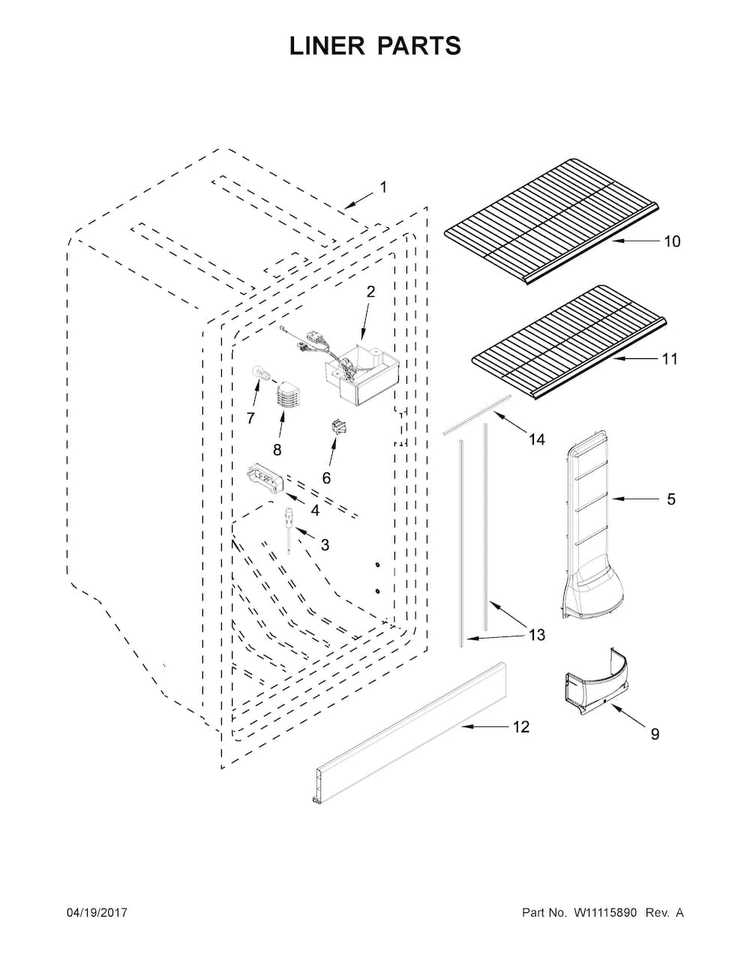 Liner Parts Diagram and Parts List for MZF34X16DW01  Maytag Freezer