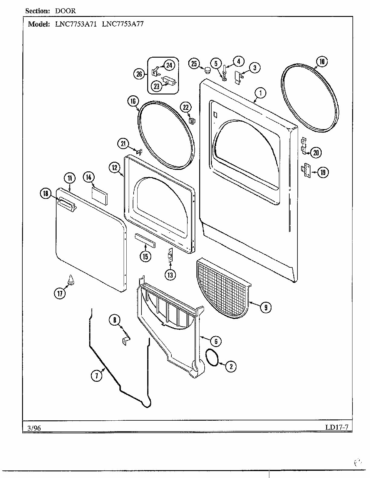 Door Diagram and Parts List for LNC7731A71  Maytag Dryer