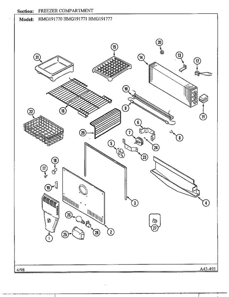 Freezer Compartment Diagram and Parts List for HMG191770  Admiral Refrigerator