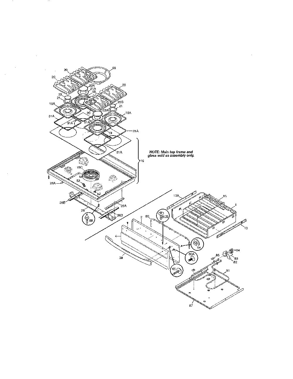 Top And Drawer Diagram and Parts List for 79075904993  Kenmore Range