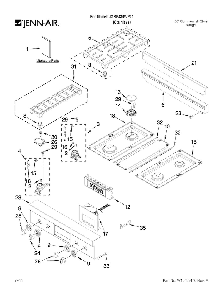 Cooktop, Burner And Grate Parts Diagram and Parts List for JGRP430WP01  Jenn-Air Range