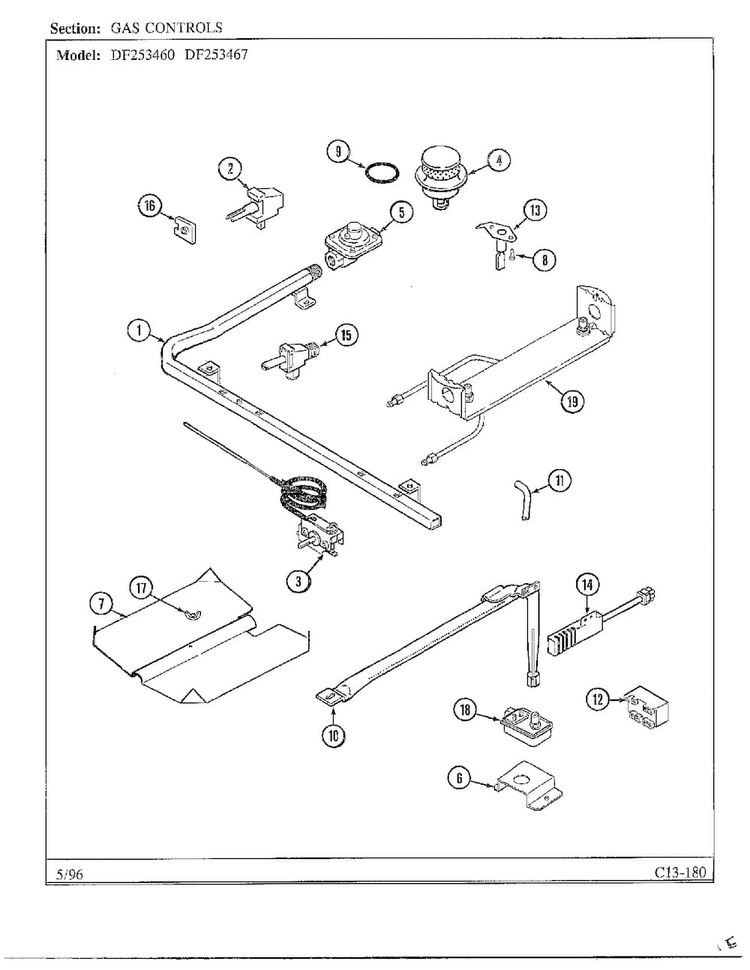 Gas Controls Diagram and Parts List for DF253467  Magic Chef Range
