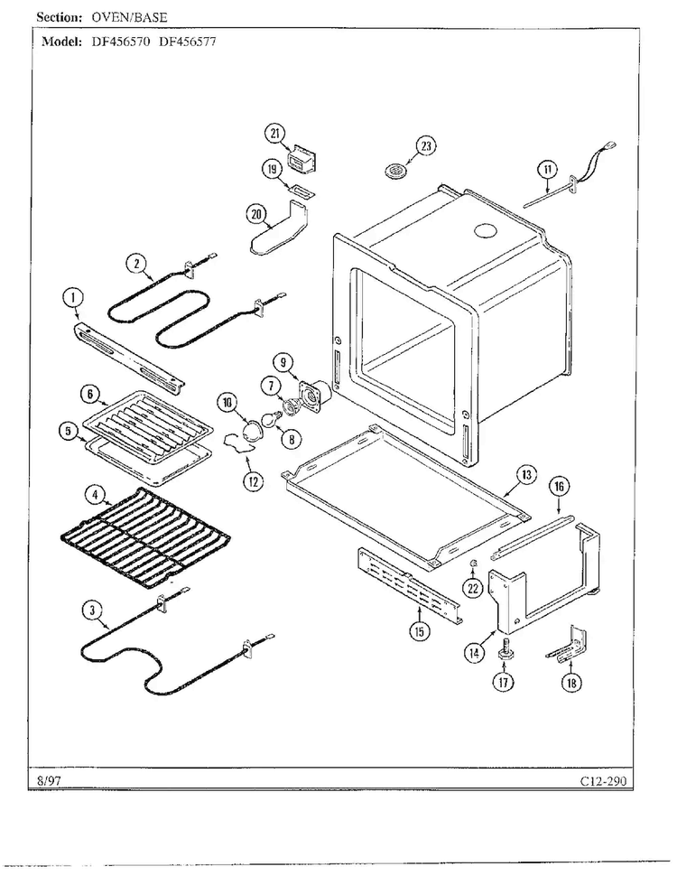 Oven/base Diagram and Parts List for DF456570  Magic Chef Range