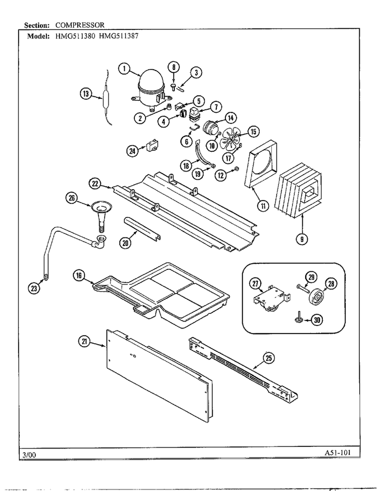 Compressor Diagram and Parts List for HMG511387  Admiral Refrigerator