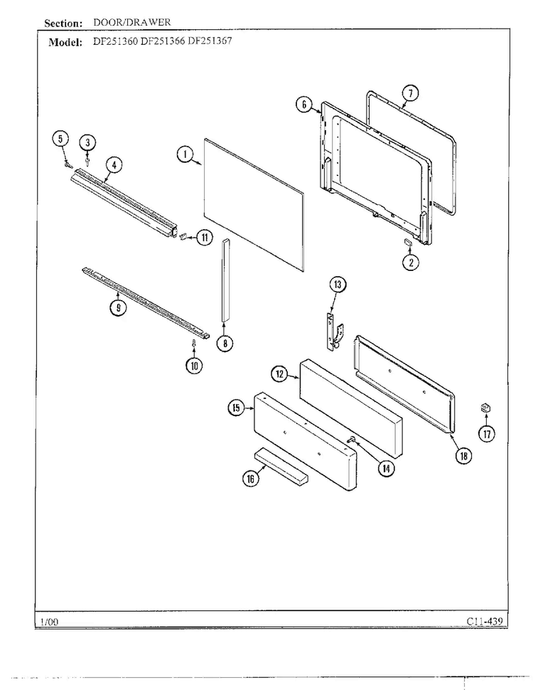 Door/drawer Diagram and Parts List for DF251369  Magic Chef Range