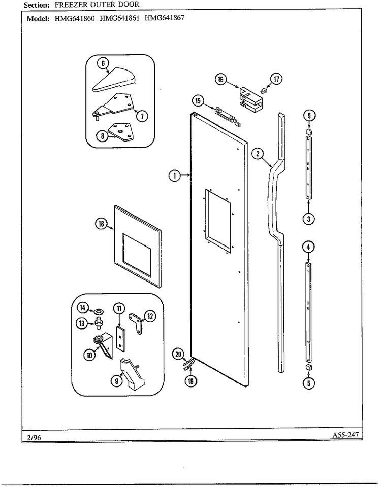 Freezer Outer Door Diagram and Parts List for 641861  Admiral Refrigerator