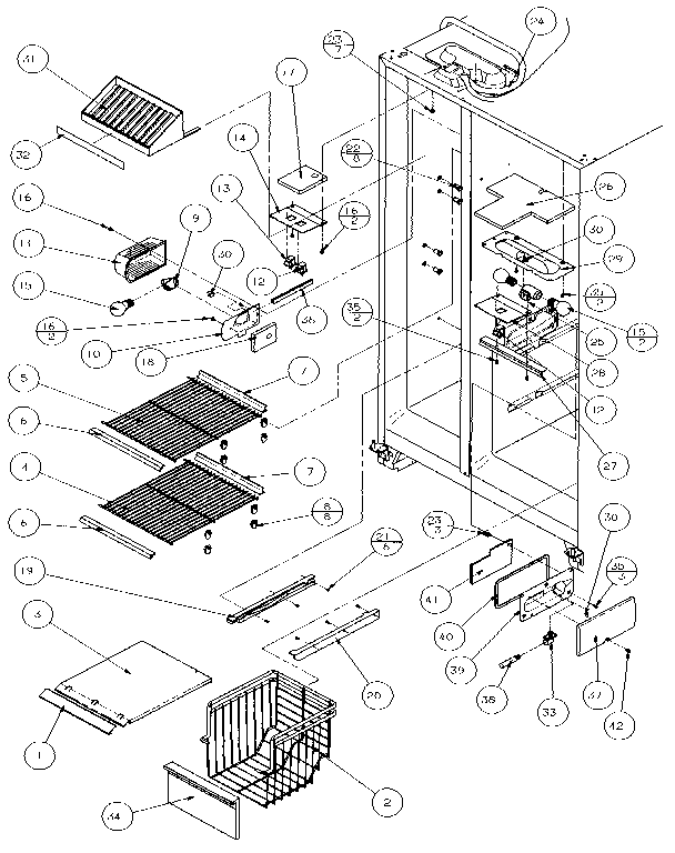 Freezer Shelving And Refrigerator Light Diagram and Parts List for 35541-P1121709W  Amana Refrigerator