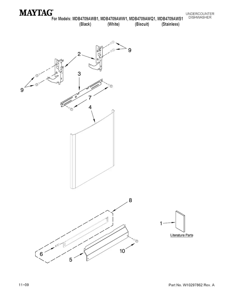 Door And Panel Parts Diagram and Parts List for MDB4709AWS1  Maytag Dishwasher