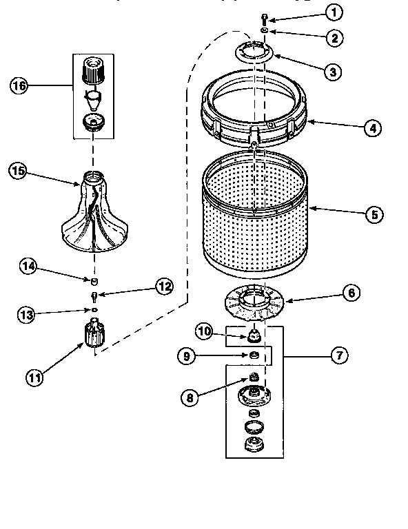 Agitator, Drive Bell, Seal Kit Diagram and Parts List for LWA90W PLWA90AW Amana Washer
