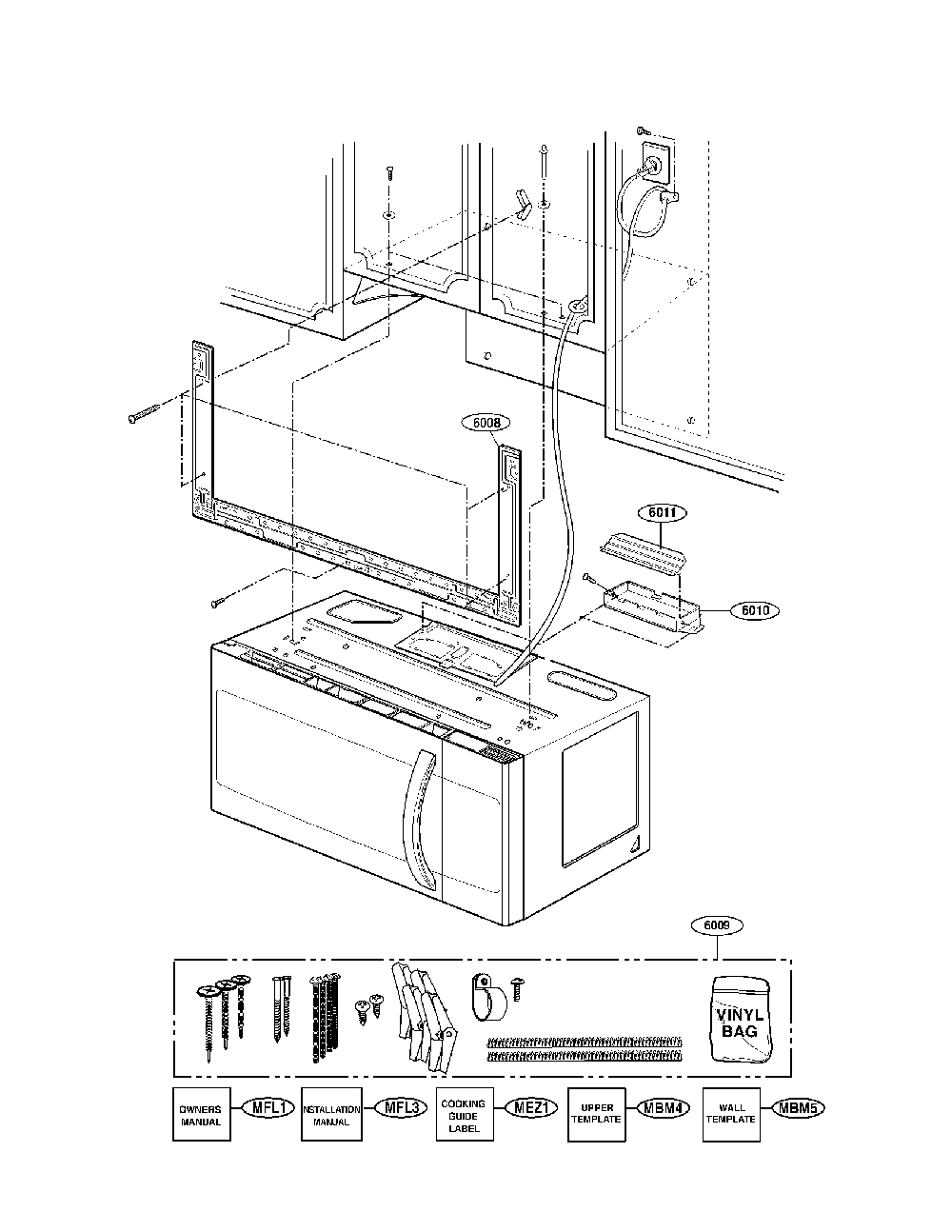 Installation Part Diagram and Parts List for 72185032011  Kenmore Microwave Oven Combo