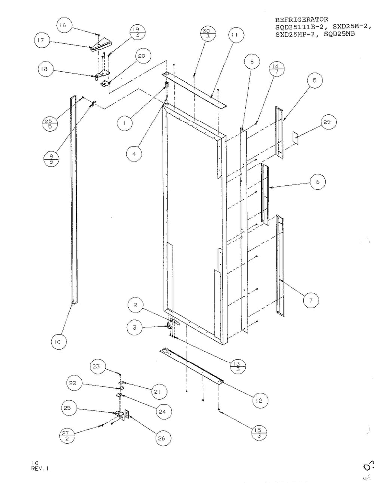 Refrigerator Door, Hinge, Trim Parts Diagram and Parts List for SXD25MP-2  Amana Refrigerator