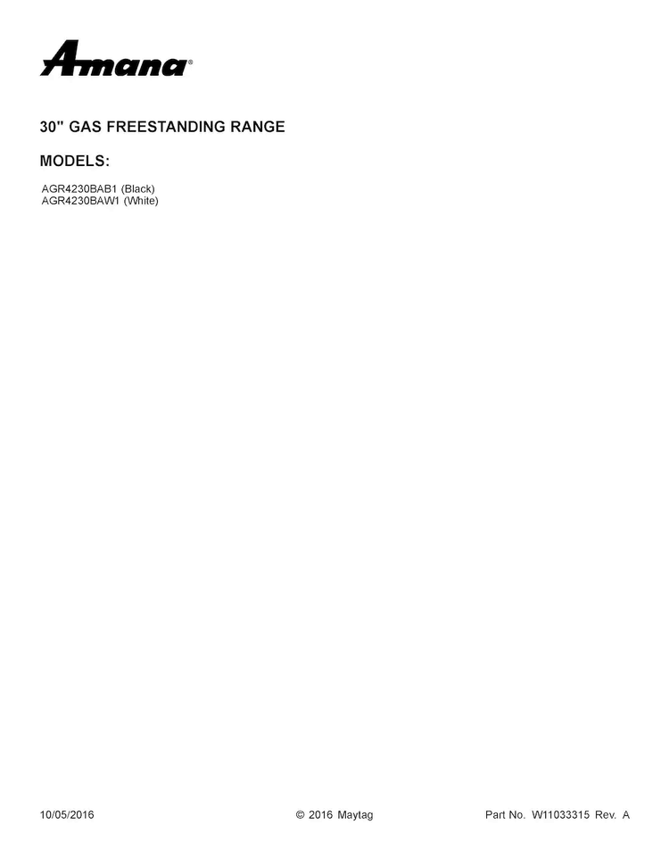 Cover Sheet Diagram and Parts List for AGR4230BAW1  Amana Range