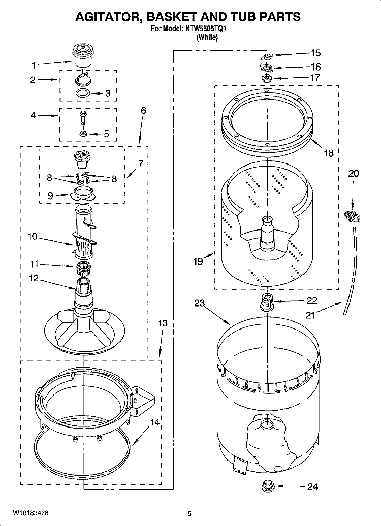 AGITATOR, BASKET AND TUB PARTS Diagram and Parts List for NTW5505TQ1  Amana Washer