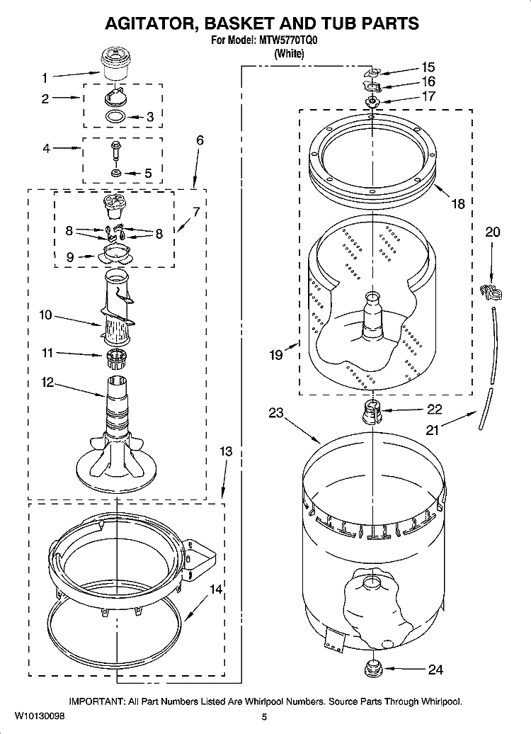 AGITATOR, BASKET AND TUB PARTS Diagram and Parts List for MTW5770TQ0  Maytag Washer