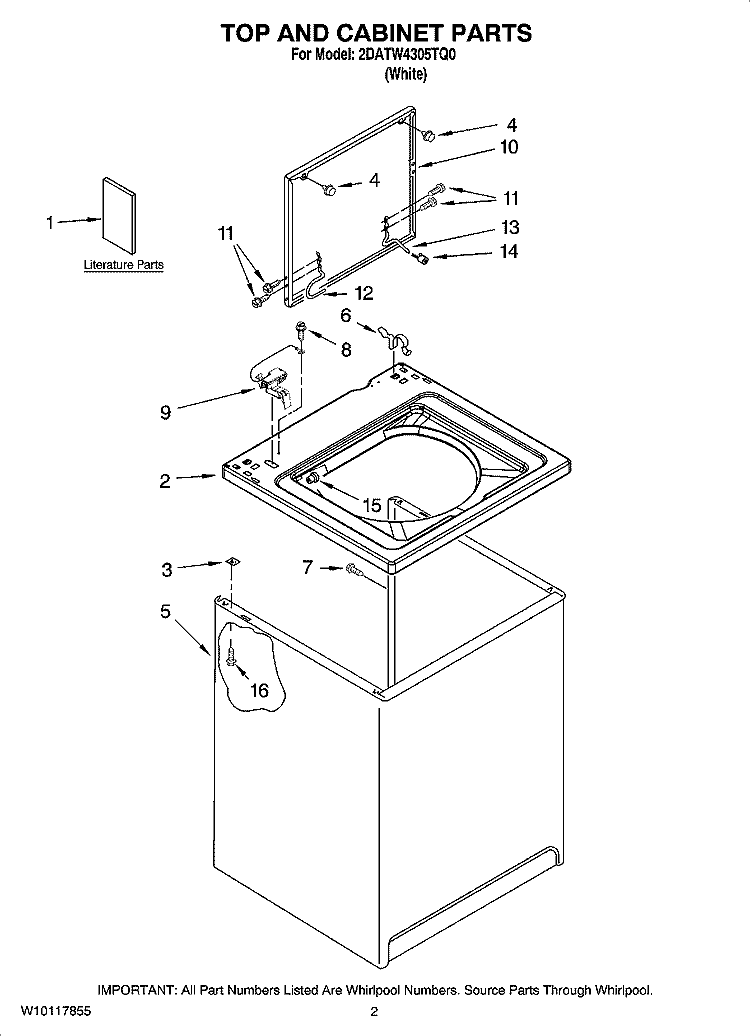 TOP AND CABINET PARTS Diagram and Parts List for 2DATW4305TQ0  Admiral Washer