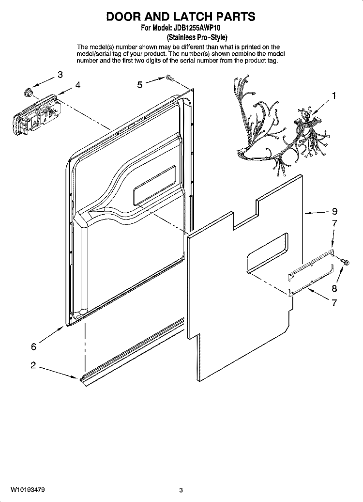 DOOR AND LATCH PARTS Diagram and Parts List for JDB1255AWP10  Jenn-Air Dishwasher