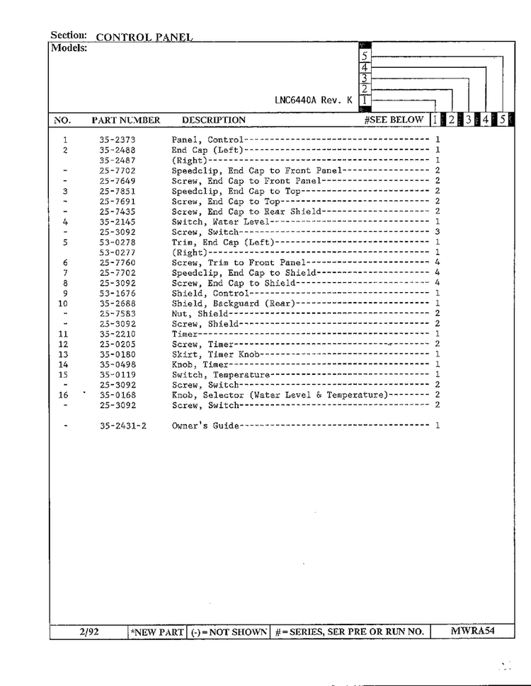 Control Panel Page 2 Diagram and Parts List for 6440A REV K Norge Washer