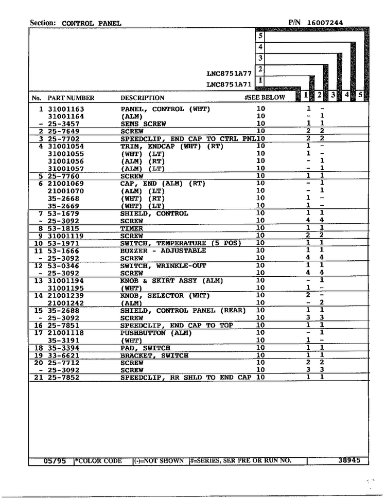 Contorl Panel Diagram and Parts List for 8751A71  Norge Dryer