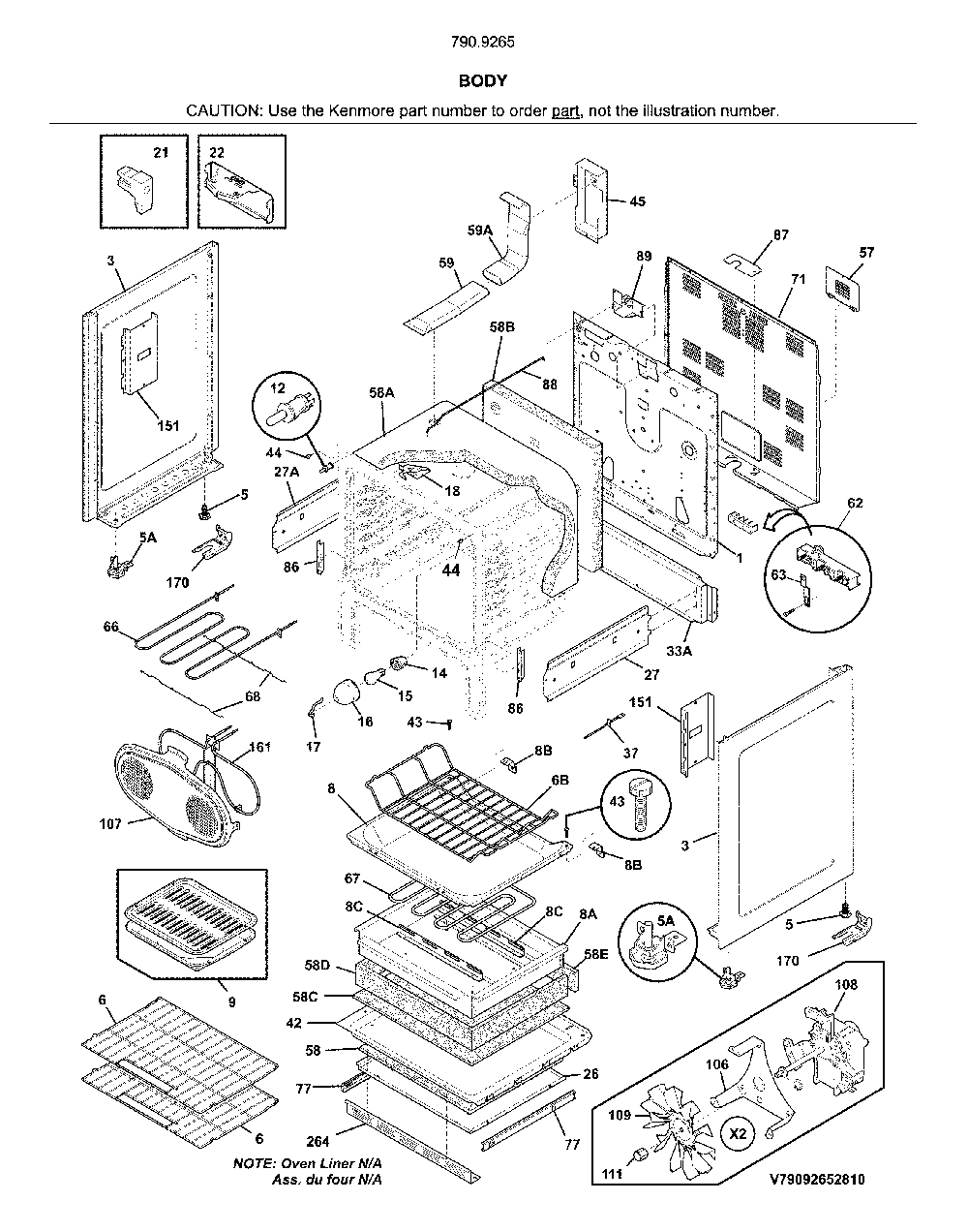 Body Diagram and Parts List for 79092659810  Kenmore Range