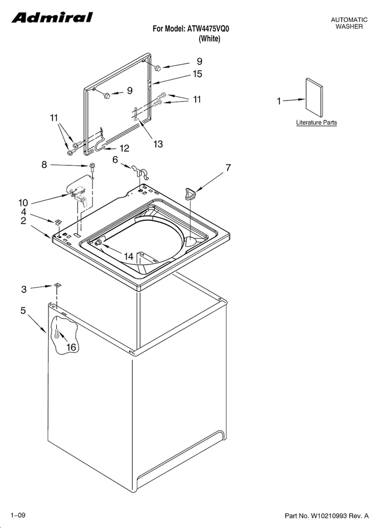 Top And Cabinet Parts Diagram and Parts List for ATW4475VQ0  Admiral Washer