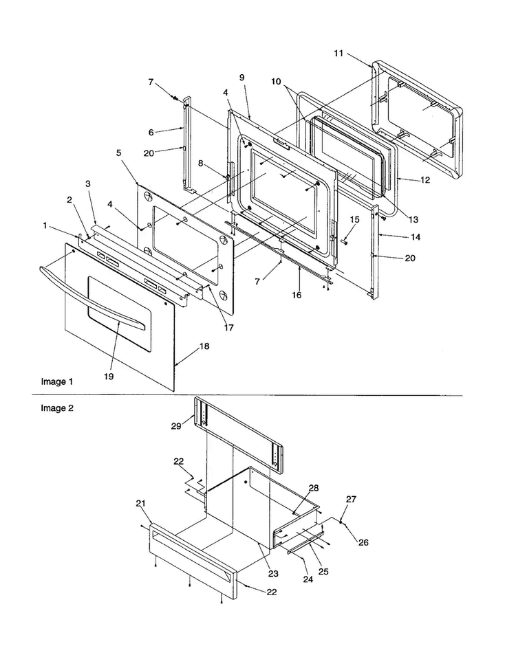 Oven Door And Storage Drawer Diagram and Parts List for ARTS6651E-P1143903NE  Amana Range
