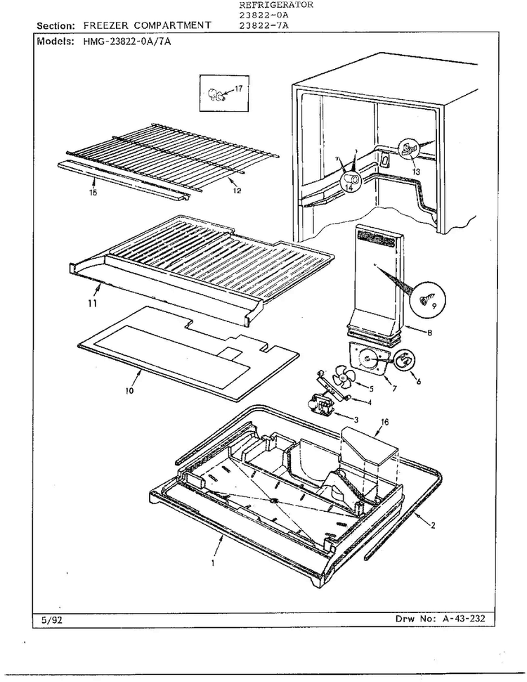 Freezer Compartment Diagram and Parts List for 23822-7A  Admiral Refrigerator