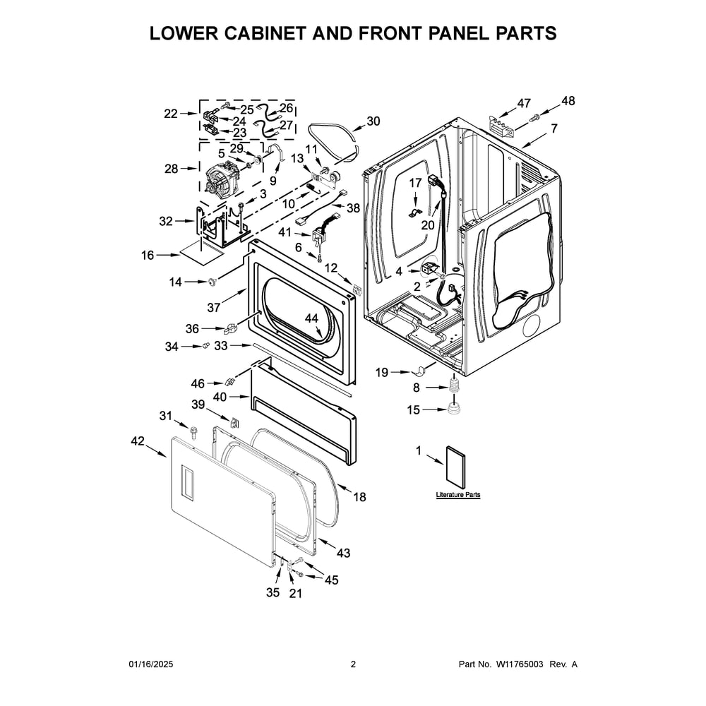 Lower Cabinet And Front Panel Parts Diagram and Parts List for MLE26PRLYW0  Maytag Dryer