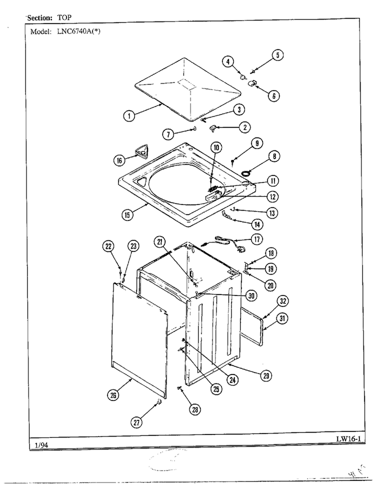 Top Diagram and Parts List for 6740A  Norge Washer