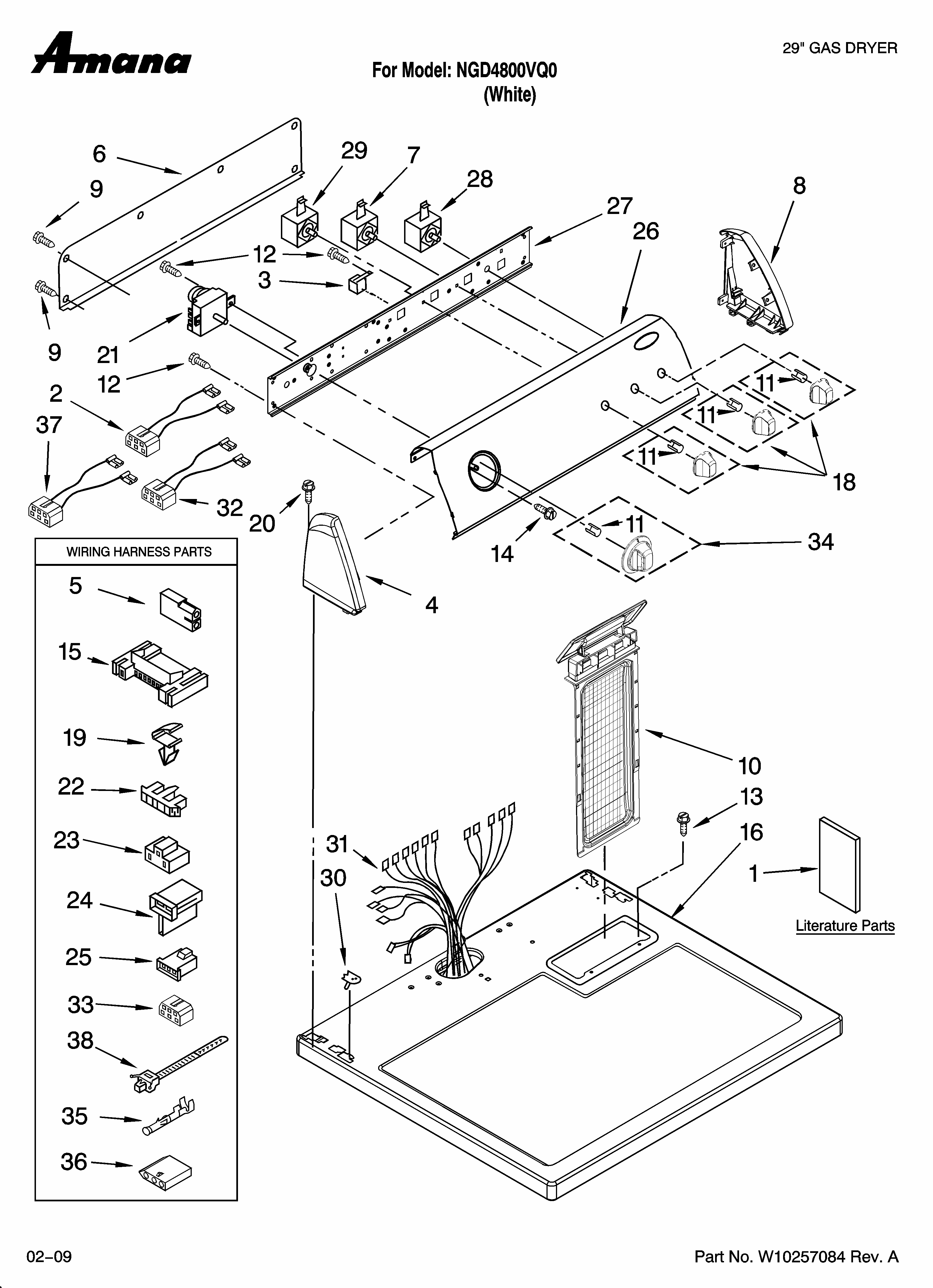 Top And Console Parts Diagram and Parts List for NGD4800VQ0  Amana Dryer