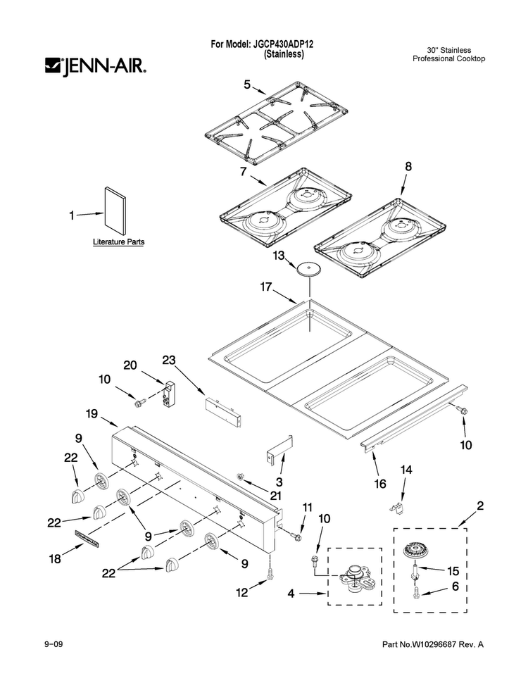 Cooktop, Burner And Grate Parts Diagram and Parts List for JGCP430ADP12  Jenn-Air Cooktop