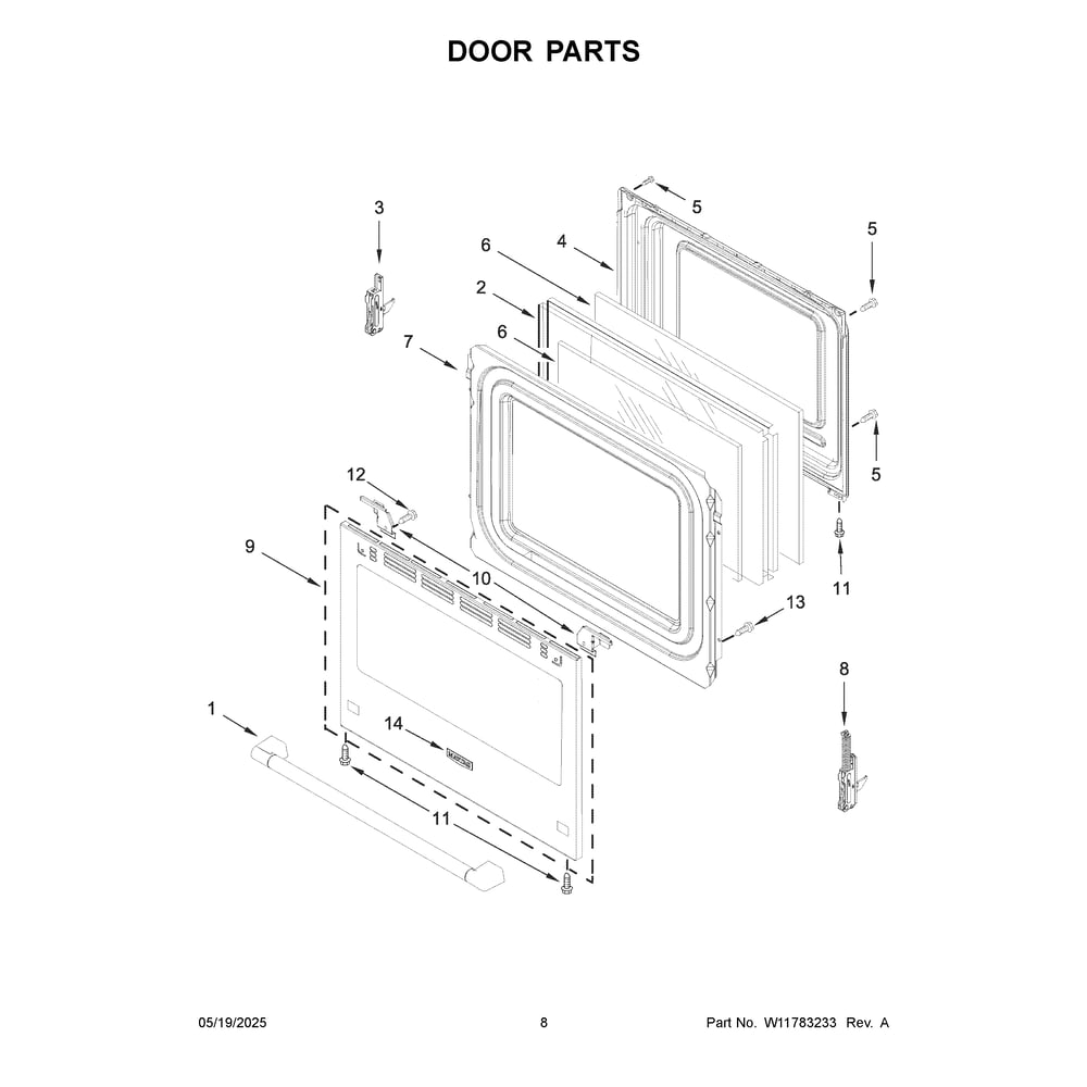 Door Parts Diagram and Parts List for MFES4030RS1  Maytag Range