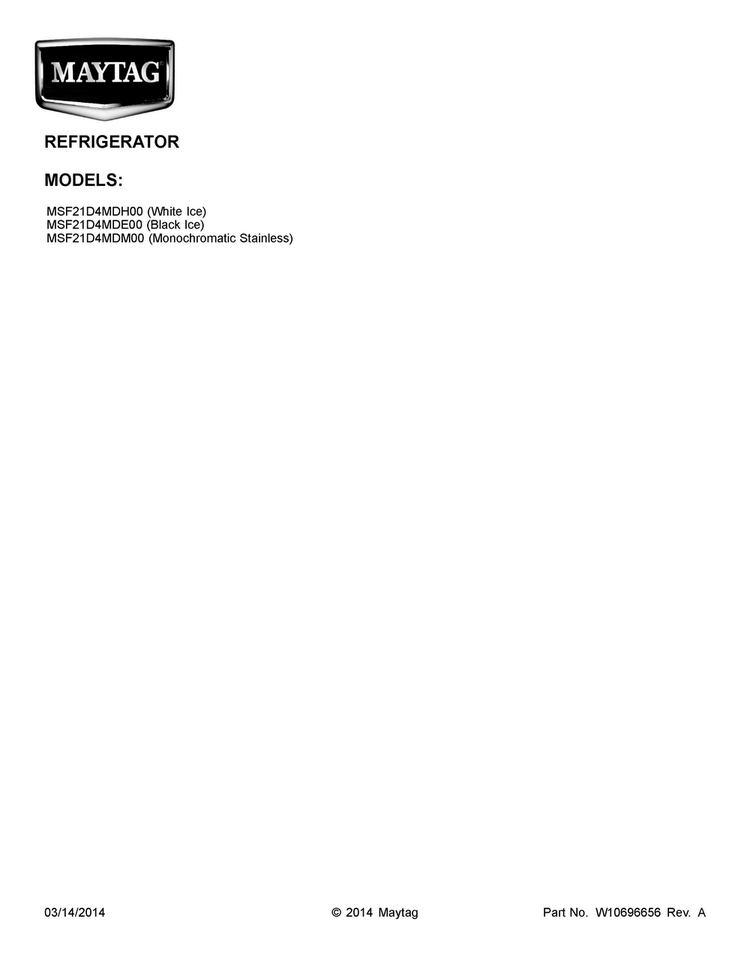 Cover Sheet Diagram and Parts List for MSF21D4MDH00  Maytag Refrigerator