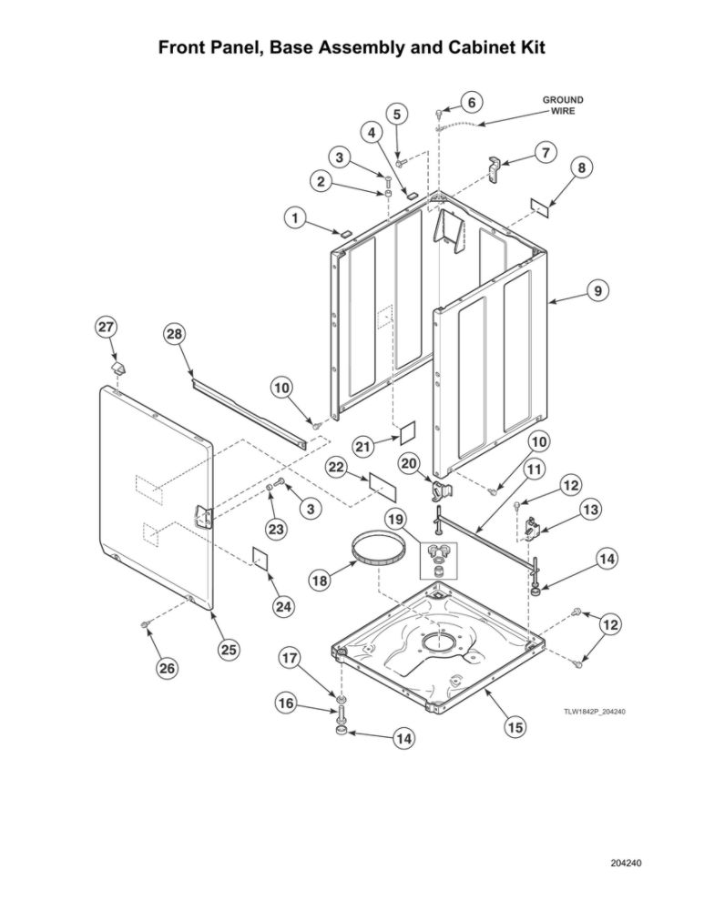 Front Panel/Base Assembly/Cabinet Kit Diagram and Parts List for AWNE9RSN115TW01  Speed Queen Washer