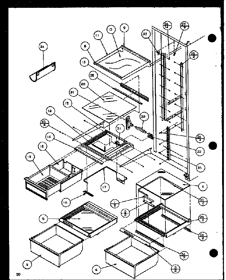 Refrigerator Shelving And Drawers Diagram and Parts List for SLD25M2G-P1121107WG  Amana Refrigerator
