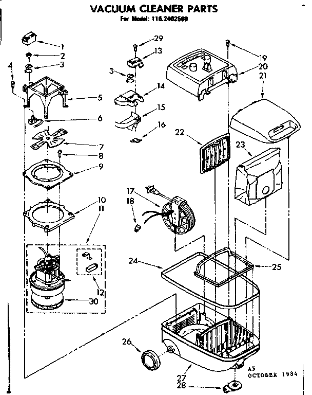 Base Assembly Diagram and Parts List for 1162402580  Kenmore Canister Vacuum