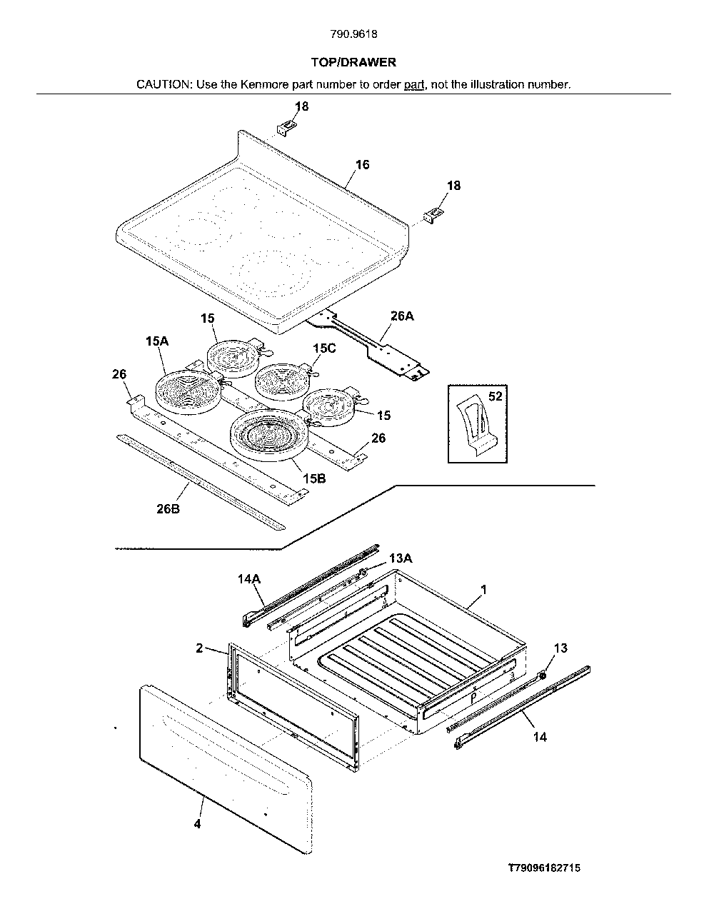Top/Drawer Diagram and Parts List for 79096182715  Kenmore Range