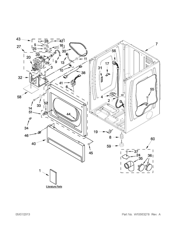 Lower Cabinet And Front Panel Parts Diagram and Parts List for MLE24PDAZW2  Maytag Dryer