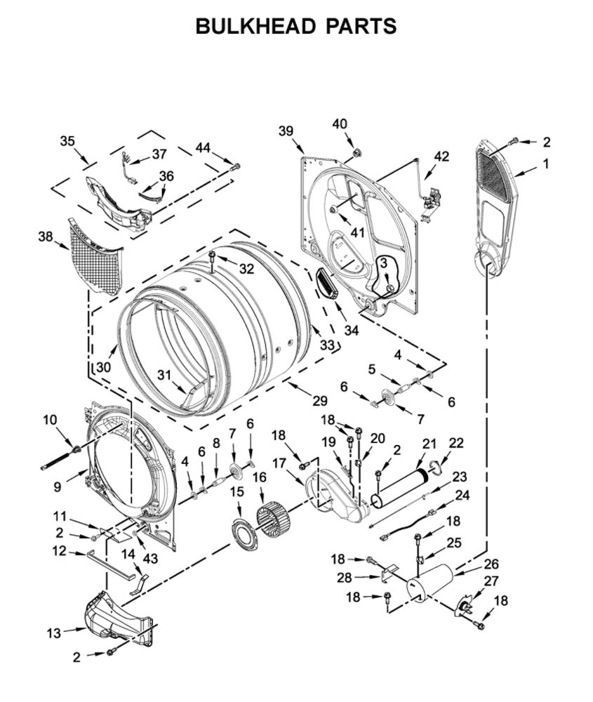 Bulkhead Parts Diagram and Parts List for MGD8630HC1  Maytag Dryer