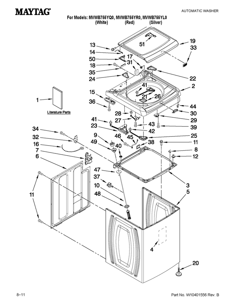 Top And Cabinet Parts Diagram and Parts List for MVWB755YL0  Maytag Washer