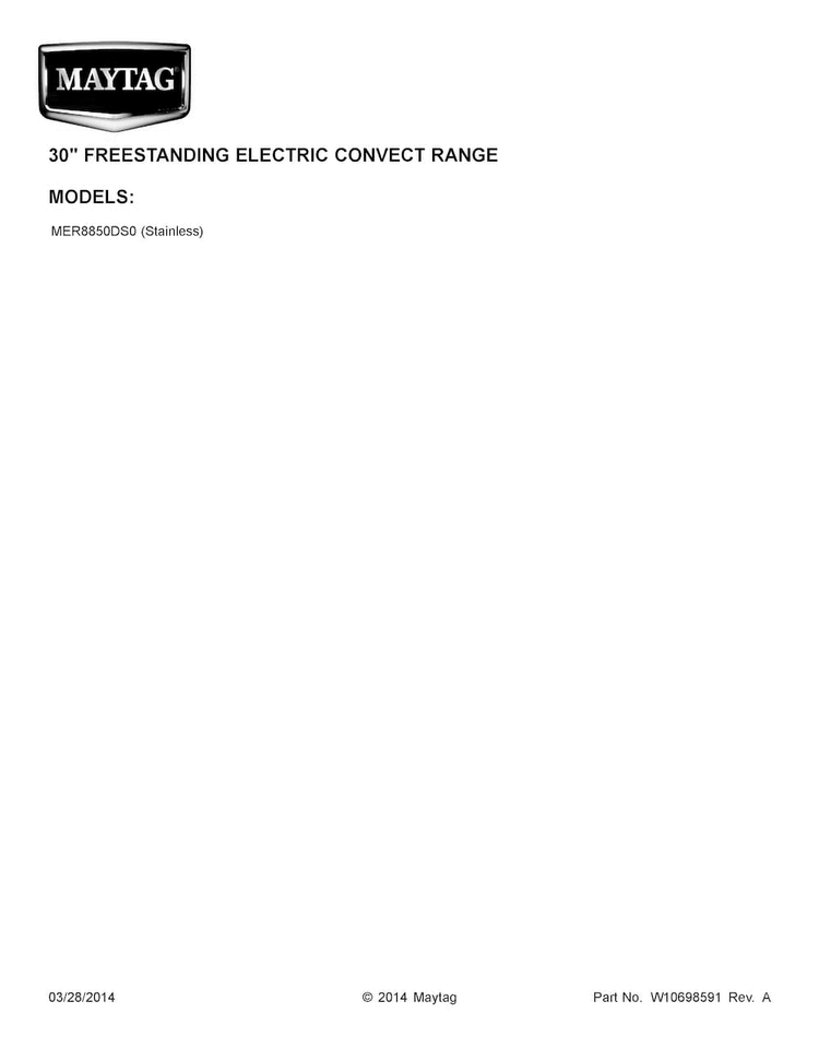 Cover Sheet Diagram and Parts List for MER8850DS0  Maytag Range
