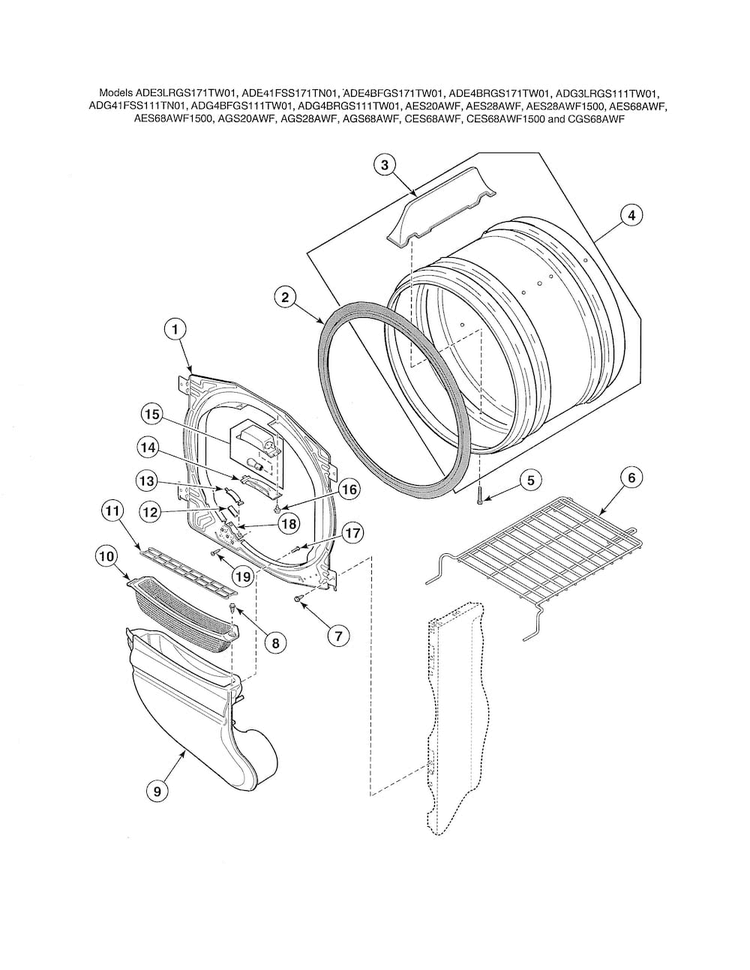 Front Bulkhead/air Duct/felt Seal Diagram and Parts List for ADE30RGS171TW01  Speed Queen Dryer