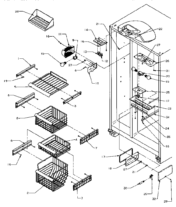 Freezer Shelving & Ref Light Diagram and Parts List for SRD20S4W-P1190801WW  Amana Refrigerator